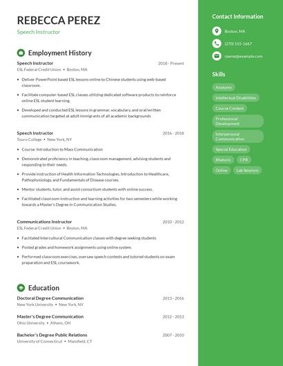 Speech Instructor Resume