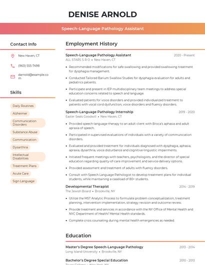 Speech-Language Pathology Assistant Resume