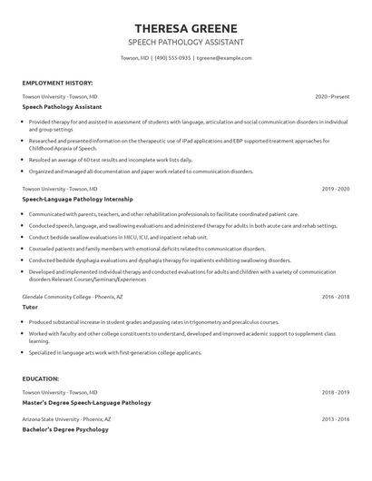 Speech Pathology Assistant Resume