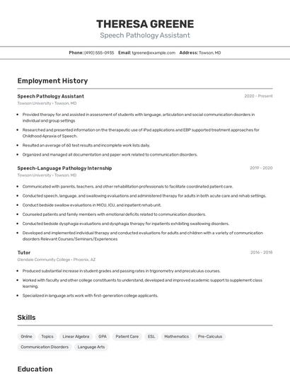 Speech Pathology Assistant Resume