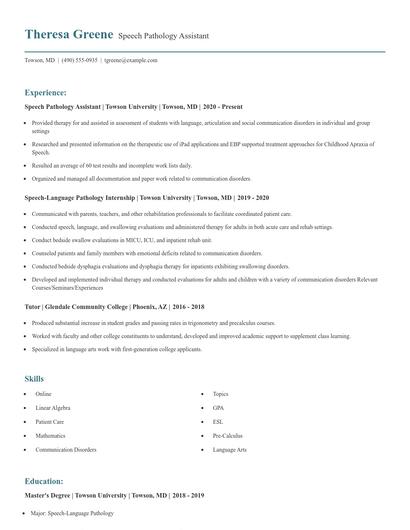 Speech Pathology Assistant Resume