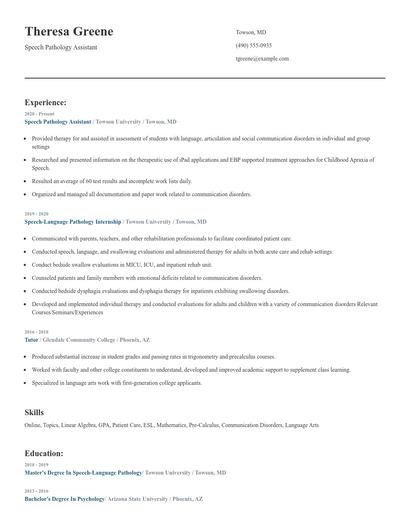 Speech Pathology Assistant Resume