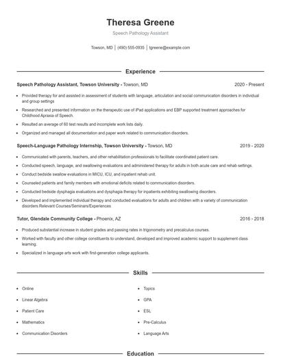 Speech Pathology Assistant Resume
