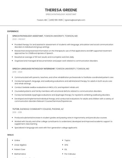 Speech Pathology Assistant Resume
