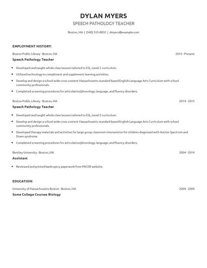 Speech Pathology Teacher Resume