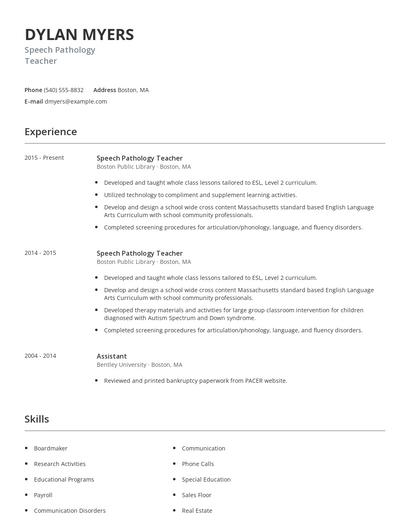 Speech Pathology Teacher Resume