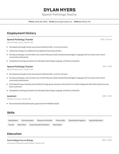 Speech Pathology Teacher Resume