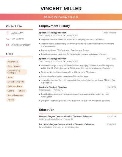 Speech Pathology Teacher Resume