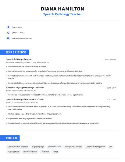 Speech Pathology Teacher Resume