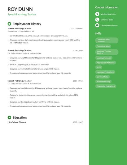 Speech Pathology Teacher Resume