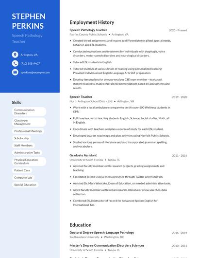 Speech Pathology Teacher Resume