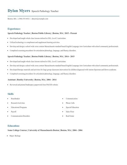 Speech Pathology Teacher Resume
