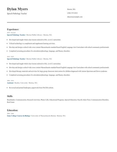 Speech Pathology Teacher Resume