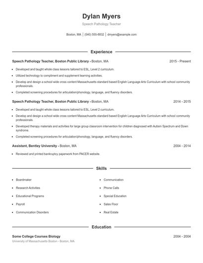Speech Pathology Teacher Resume