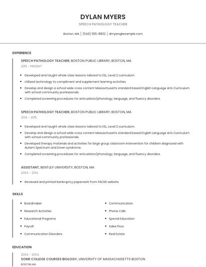 Speech Pathology Teacher Resume