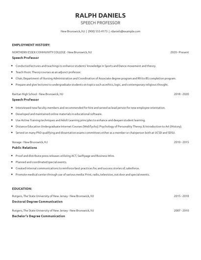 Speech Professor Resume