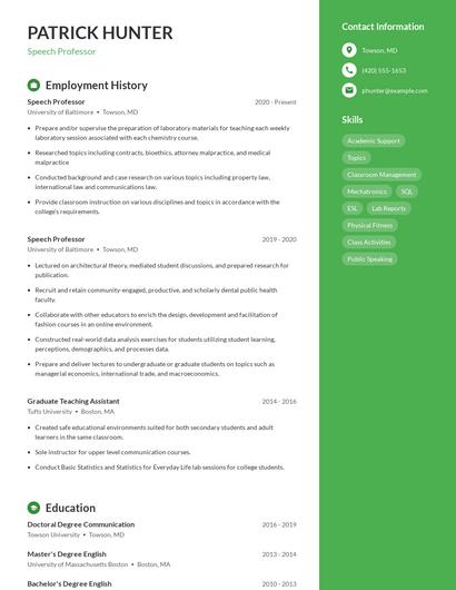 Speech Professor Resume