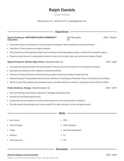 Speech Professor Resume