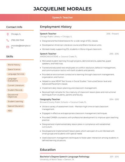 Speech Teacher Resume