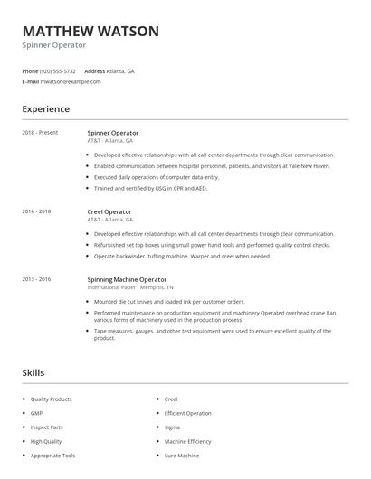 Spinner Operator Resume