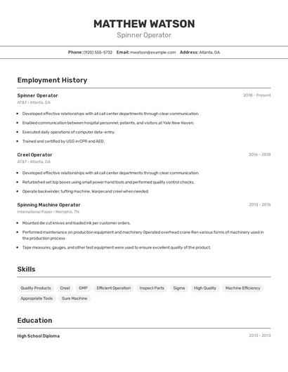 Spinner Operator Resume