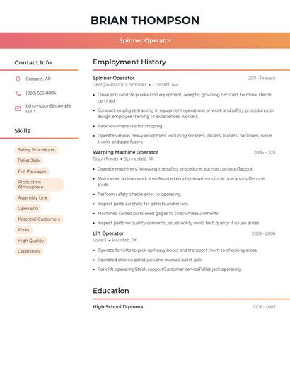 Spinner Operator Resume