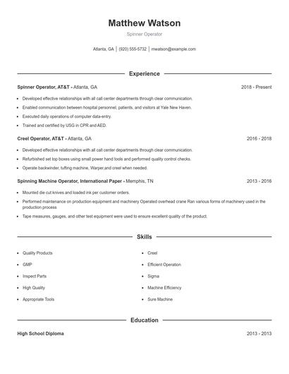 Spinner Operator Resume