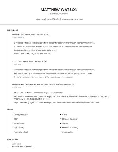 Spinner Operator Resume