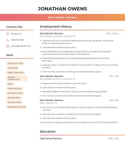 Spiral Binder Operator Resume