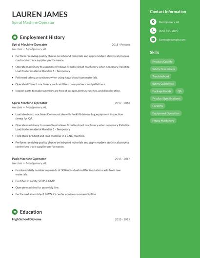 Spiral Machine Operator Resume