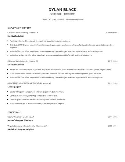 Spiritual Advisor Resume