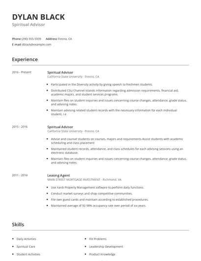 Spiritual Advisor Resume