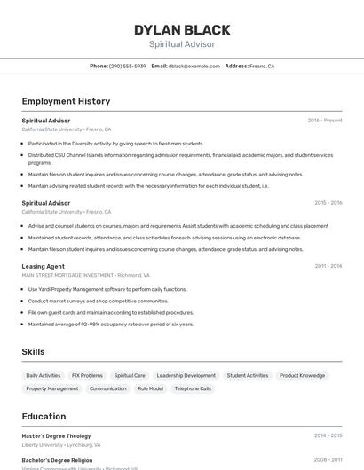 Spiritual Advisor Resume