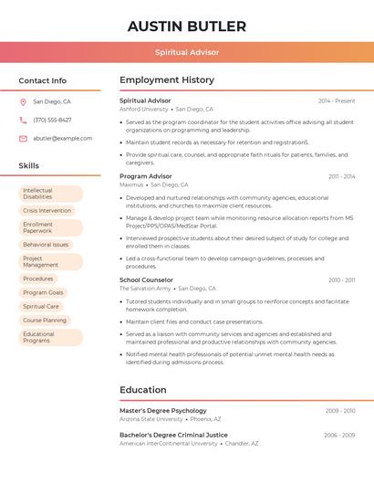 Spiritual Advisor Resume