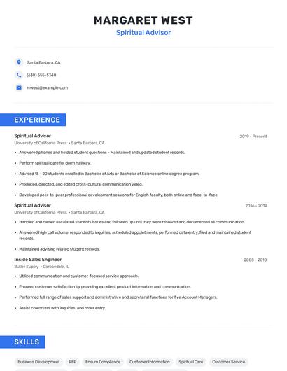 Spiritual Advisor Resume