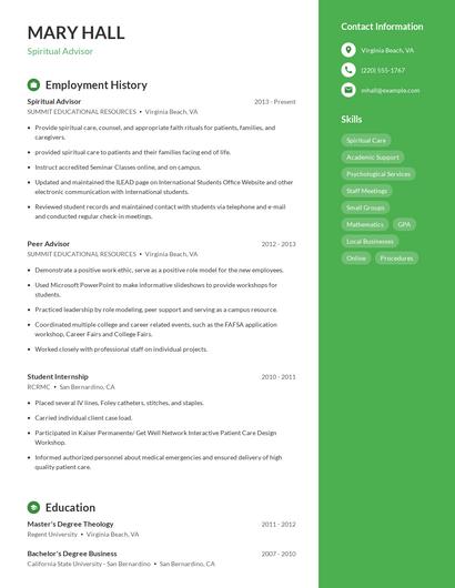 Spiritual Advisor Resume