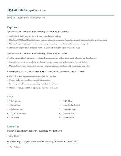 Spiritual Advisor Resume