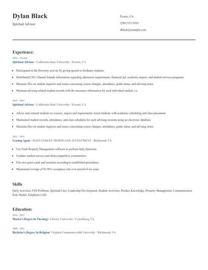 Spiritual Advisor Resume