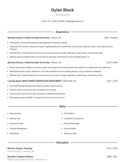 Spiritual Advisor Resume