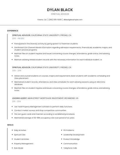 Spiritual Advisor Resume