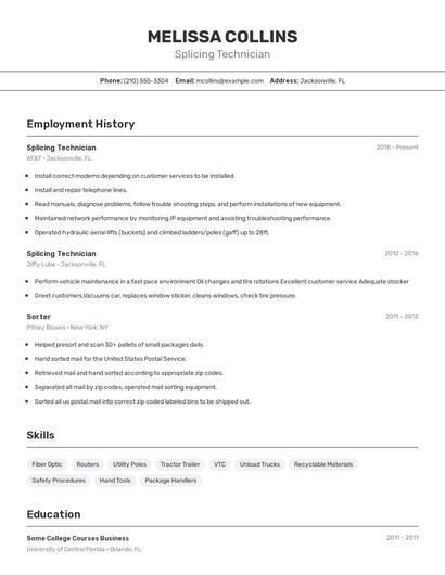 Splicing Technician Resume