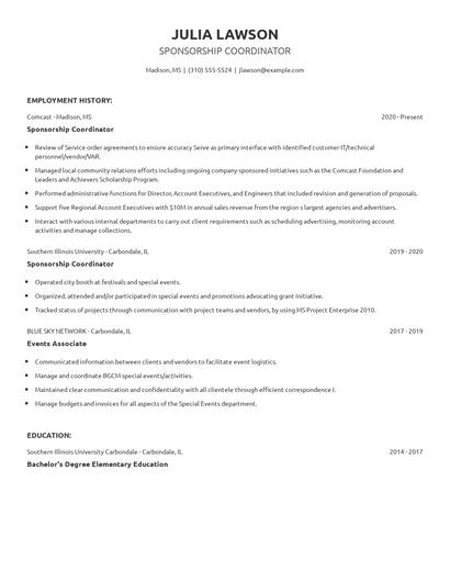 Sponsorship Coordinator Resume