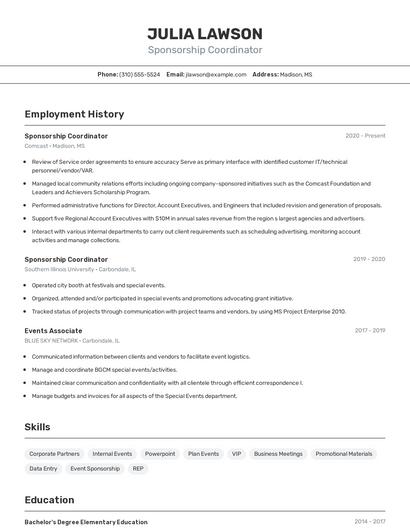Sponsorship Coordinator Resume