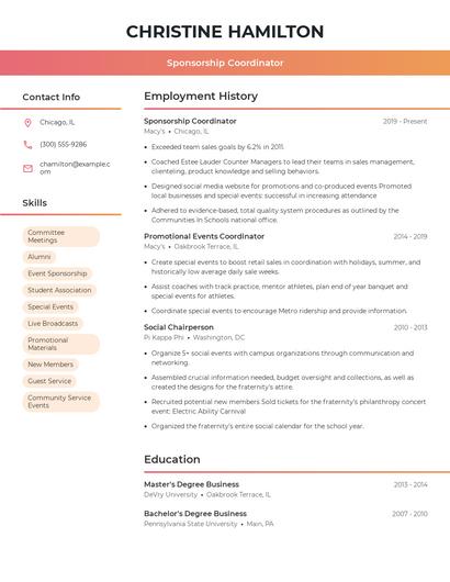 Sponsorship Coordinator Resume