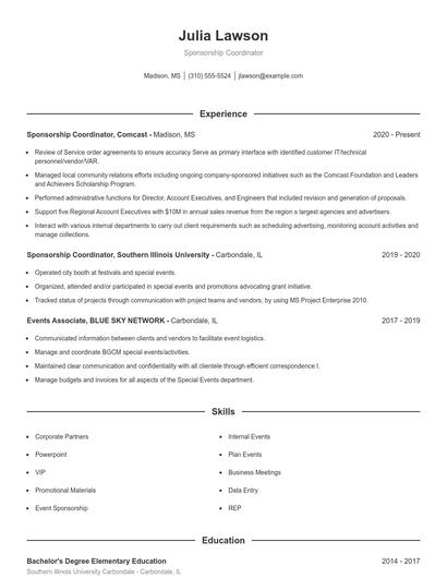 Sponsorship Coordinator Resume