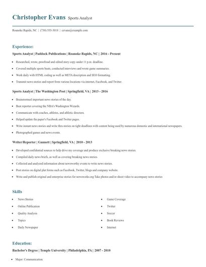 Sports Analyst Resume