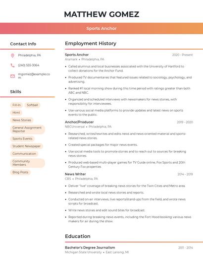 Sports Anchor Resume