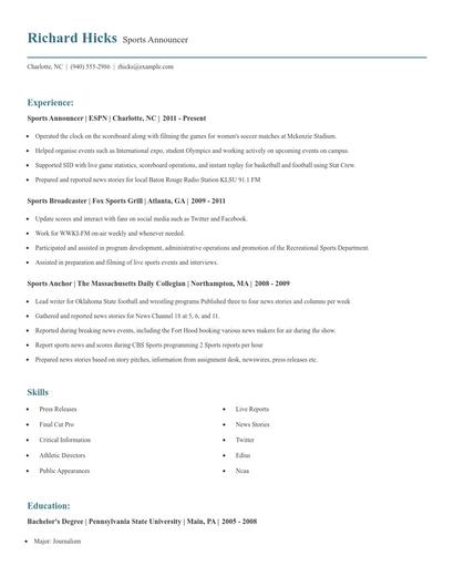 Sports Announcer Resume