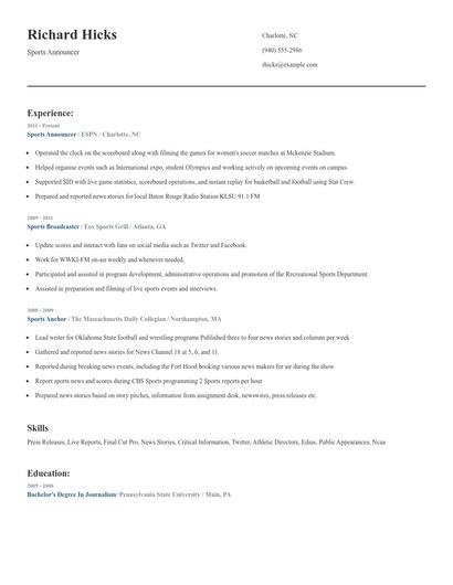 Sports Announcer Resume