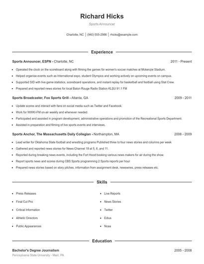 Sports Announcer Resume